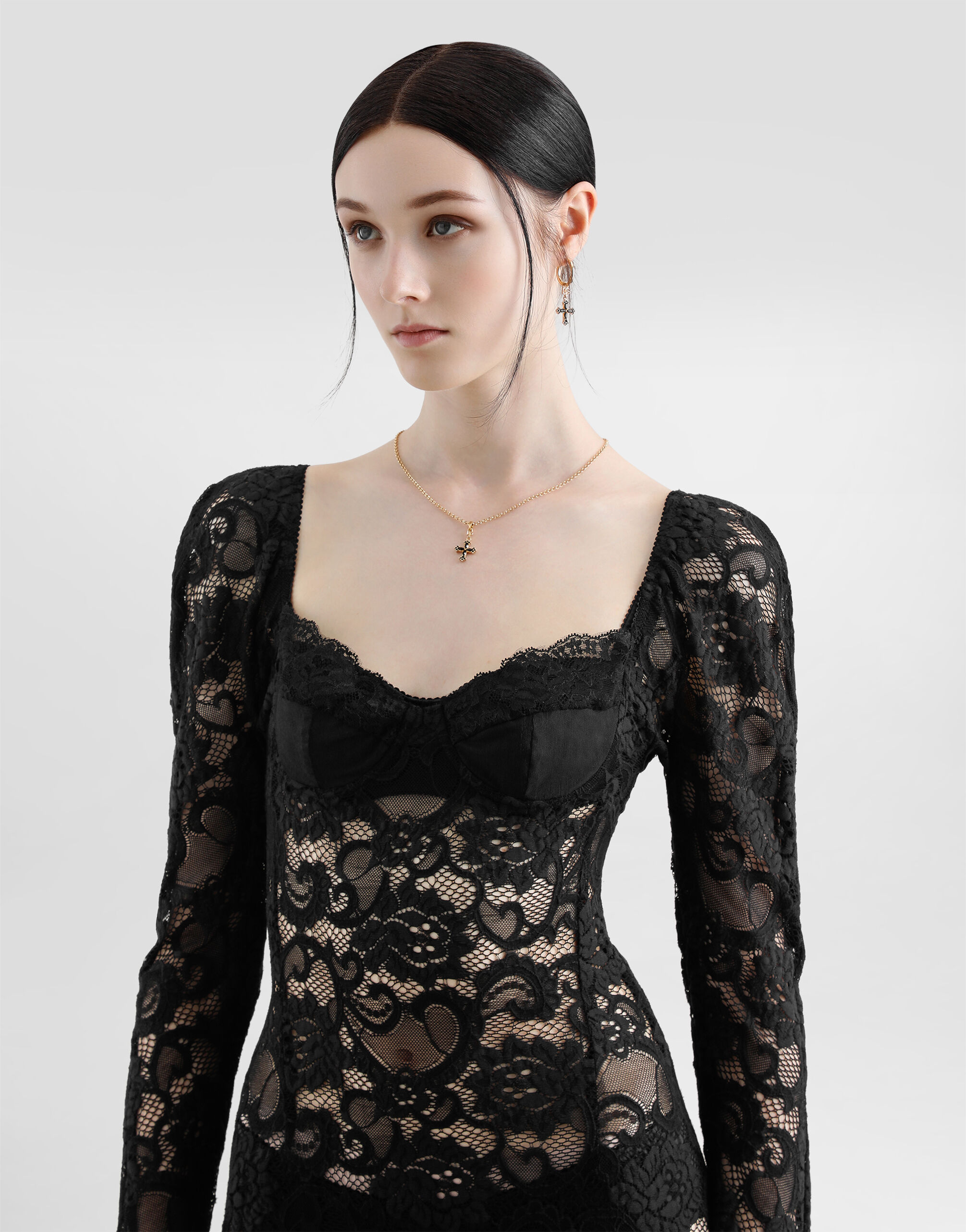 Calf-length floral lace dress with bra-style cups in Black for
