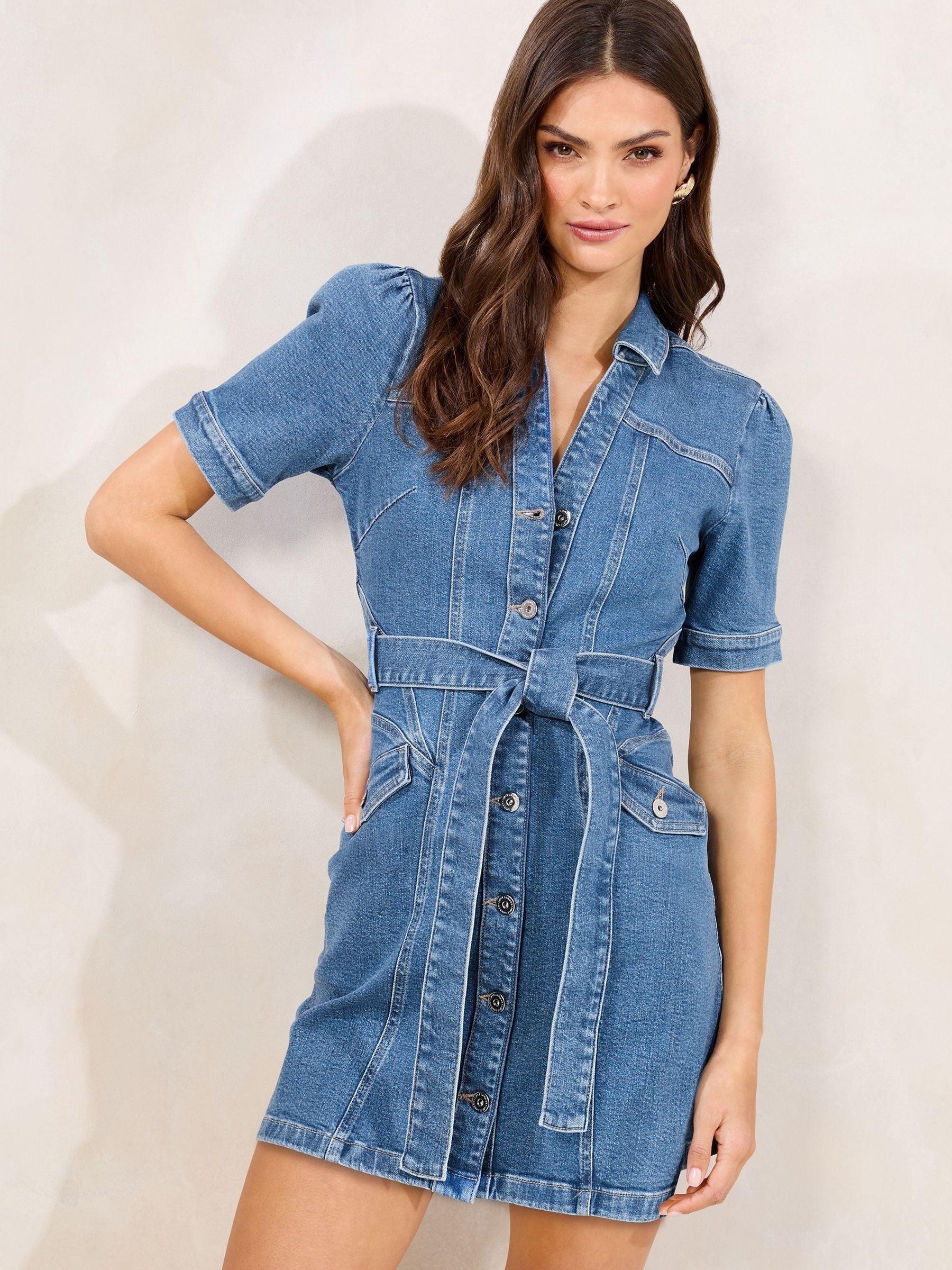 Buy Lipsy Mid Wash Blue Belted Denim Mini Shirt Dress with Waist