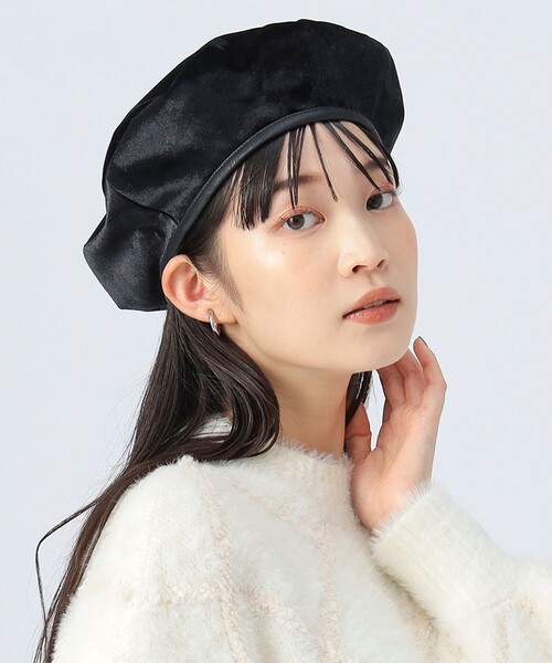 セール】フェイクレザーパイピング ベロア ベレー帽（ハンチング