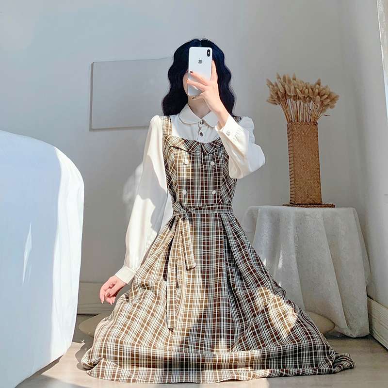 チェック柄ファッション レトロチェック柄ロングワンピース ワンピース