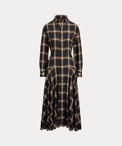 セール】 チェック ツイル パネルド シャツドレス （ロング・マキシ丈