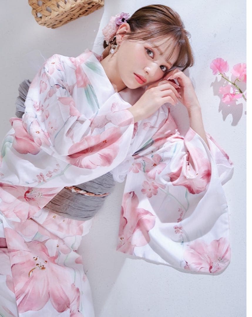 Sugar ニュアンスピンク水彩朝顔浴衣 即日発送】ニュアンスピンク水彩朝顔浴衣 【浴衣3点セット 浴衣/帯