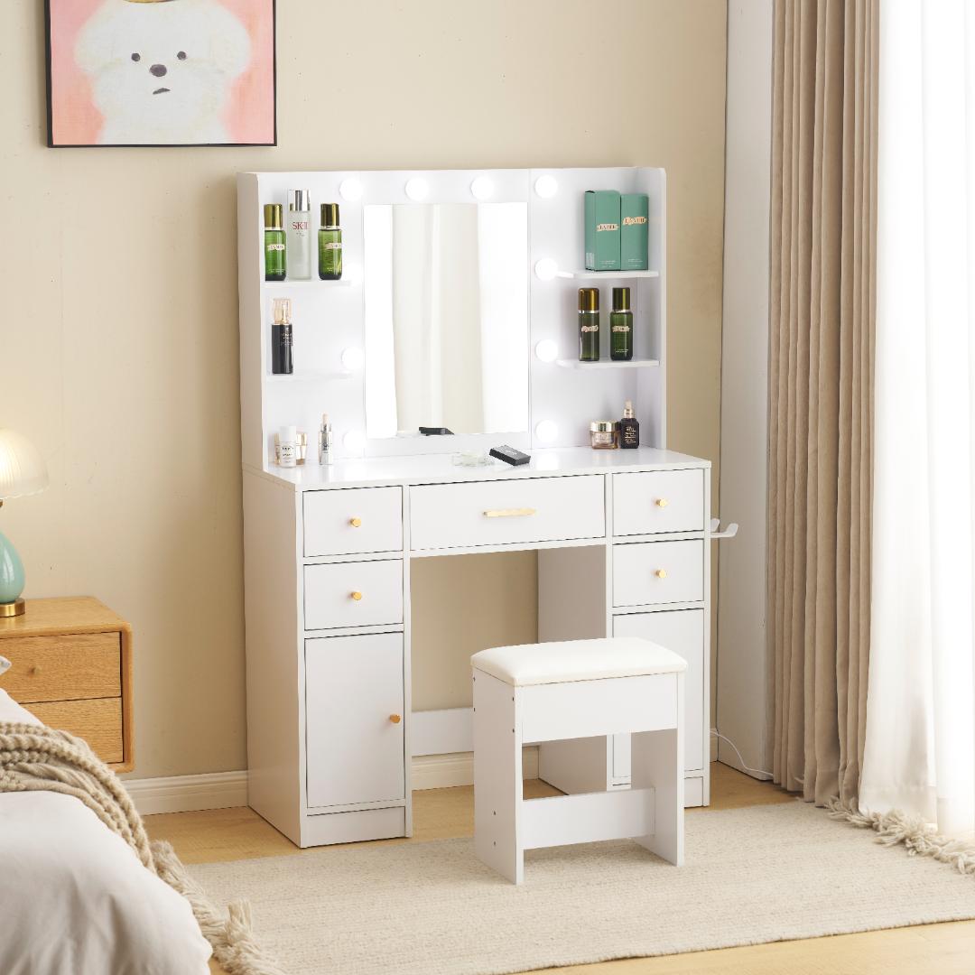【新品】LEDライト付き 収納たっぷり ドレッサーセット LEDライト付きのドレッサー＆スツール 2点セット 幅80cm 大容量収納